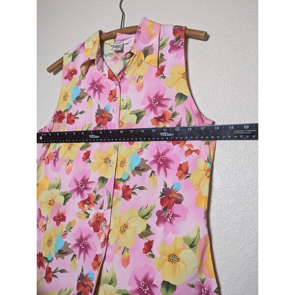 Pink Yellow Tropical Floral Silk Tank Top Size Medium Festival Retro Vacation - Picture 3 of 6